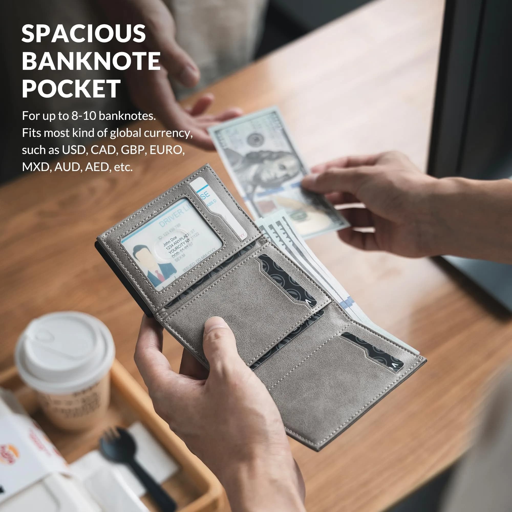 VULKIT Card Holder Wallet with Coin Pocket Magnetic Closure Pop Up Cards With ID Window Leather Wallet for Cash & Credit Cards, Grey | RFID Blocking Leather Wallet for Men - view 4