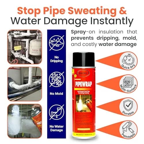 Brodi PipeWrap Spray Foam Insulation for Hard-to-Reach Areas, Fittings & Valves, Anti-Sweat Pipe Coating Spray, Stops Condensation Buildup & Prevents Dripping (15 Fl Oz / 444ml) thumbnail 2