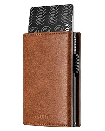 VULKIT Card Holder Wallet with Coin Pocket & ID Window | Pop Up Cards, RFID Blocking, Genuine Leather, Brown thumbnail 1