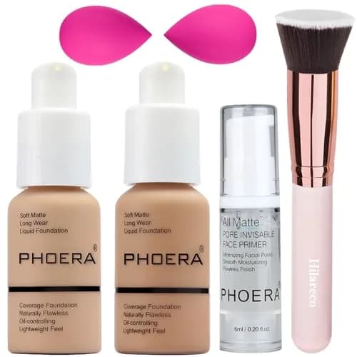 PHOERA Foundation & Primer Set with Kabuki Brushes & Sponges (Buff Beige + Sand) | Full Coverage Matte Finish thumbnail 1