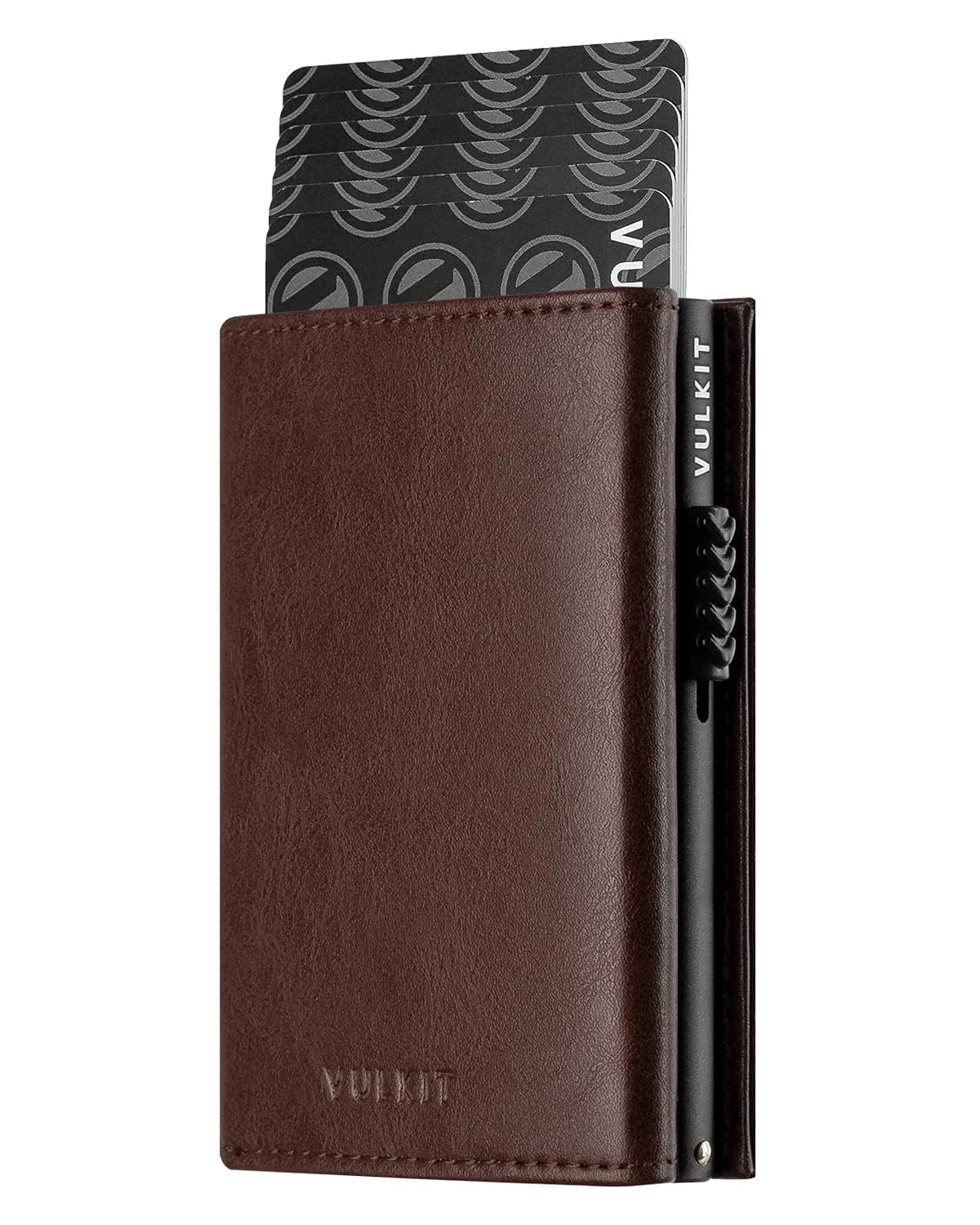 VULKIT Men's Card Holder Wallet with Coin Pocket & ID Window | Espresso Leather, 10 Card Capacity - main product image