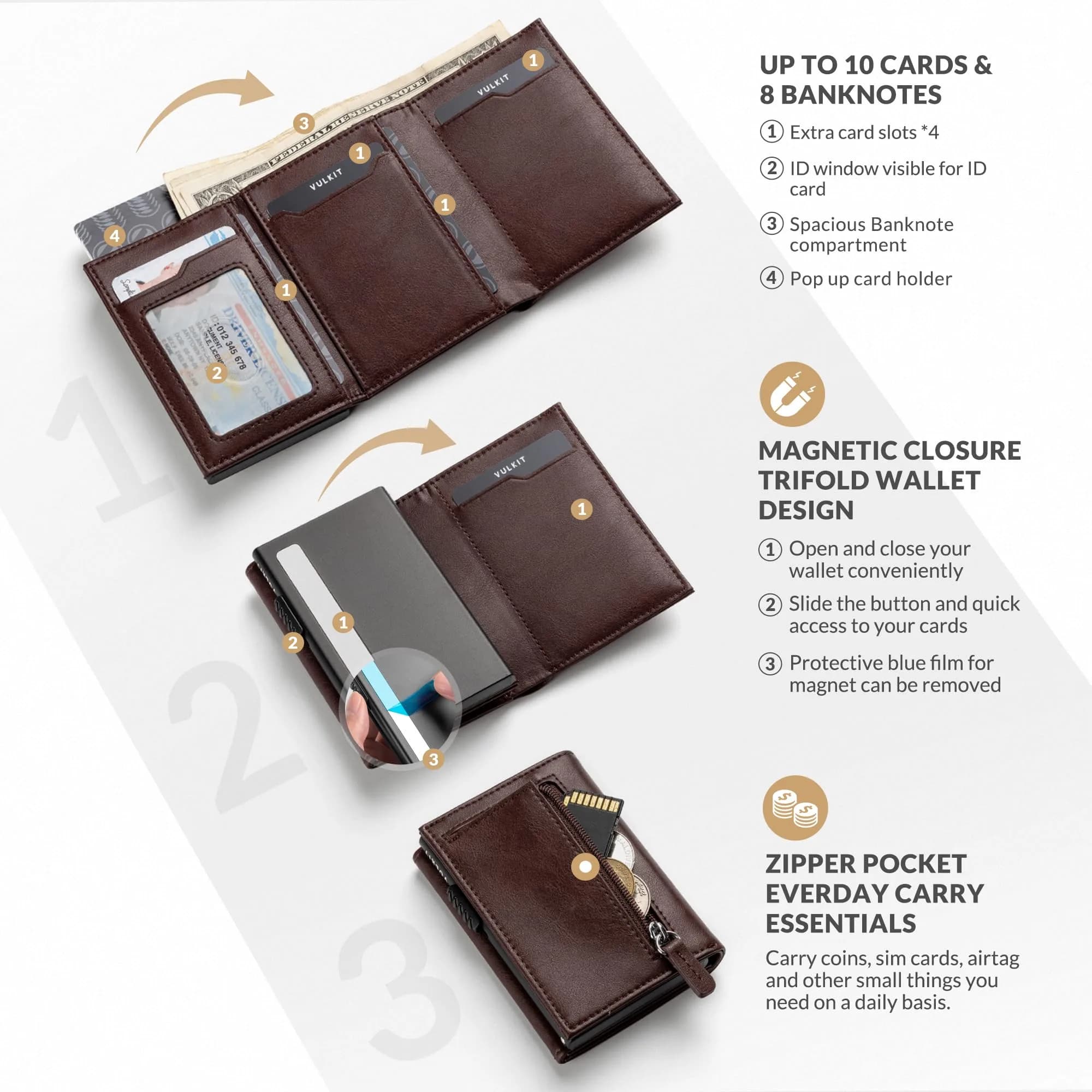 VULKIT Men's Card Holder Wallet with Coin Pocket & ID Window | Espresso Leather, 10 Card Capacity - view 3