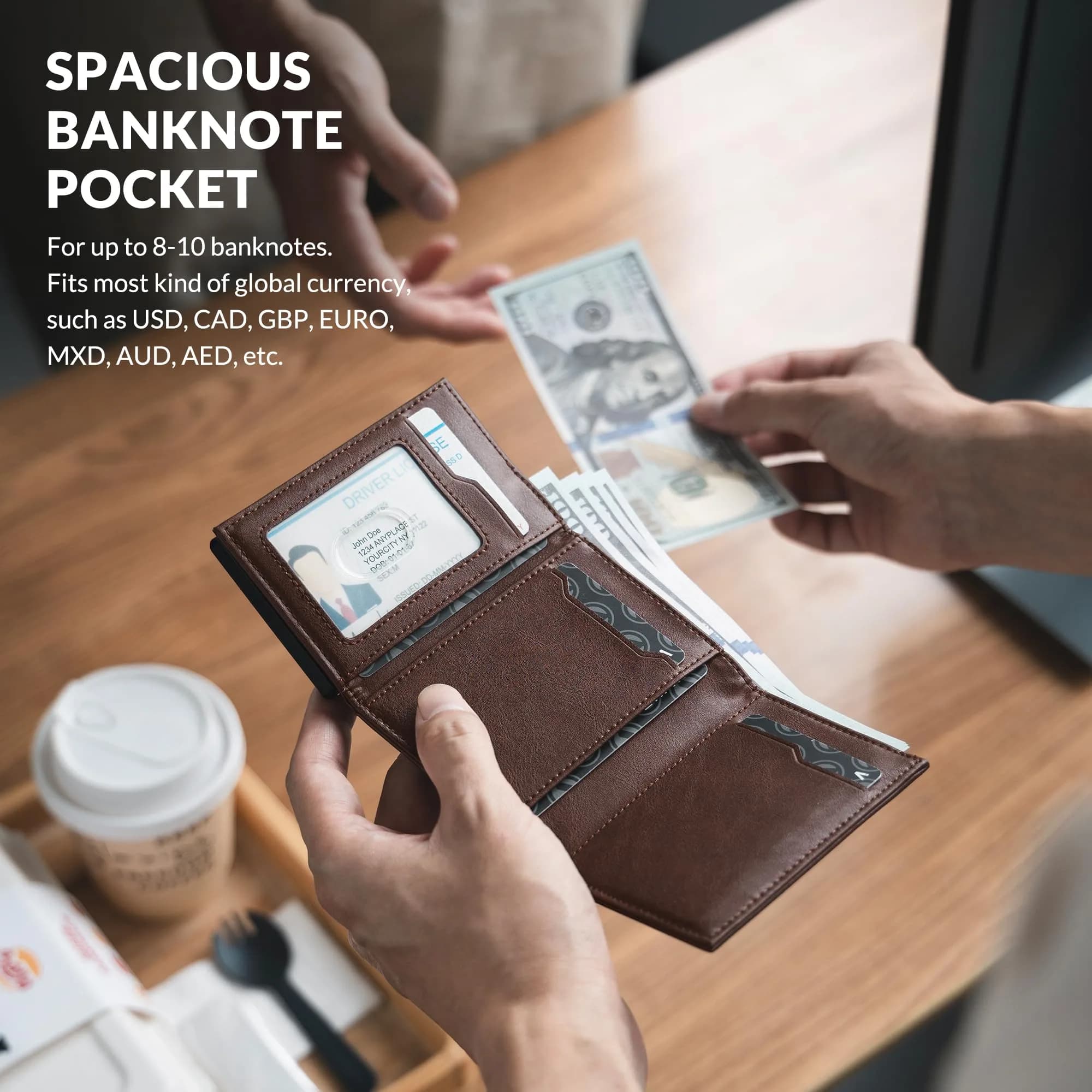 VULKIT Men's Card Holder Wallet with Coin Pocket & ID Window | Espresso Leather, 10 Card Capacity - view 4