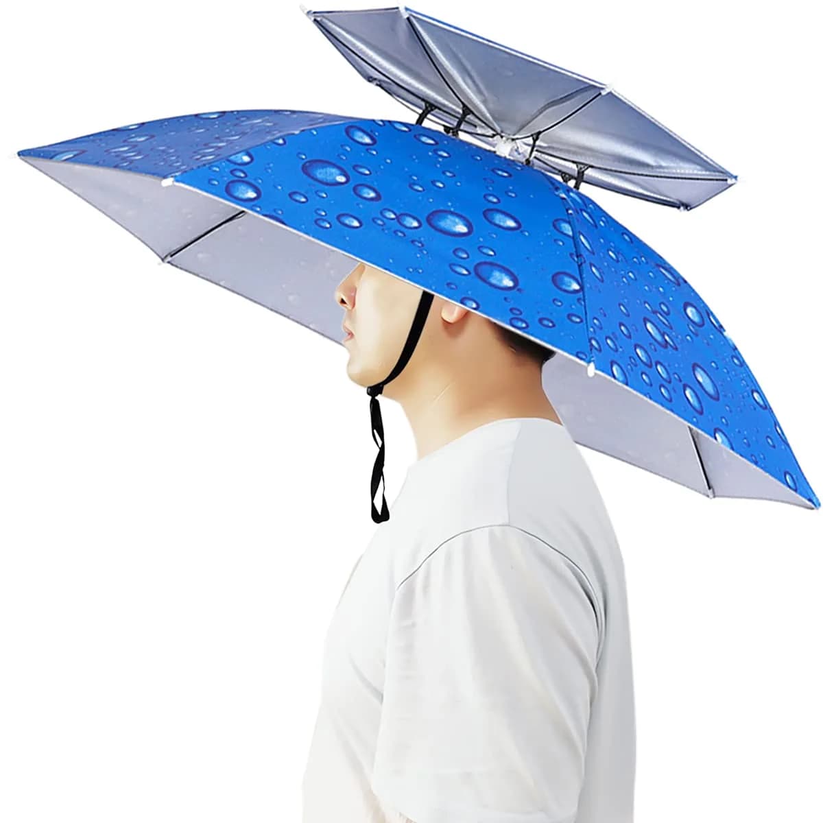 Bocampty Water Drop Blue/Double Layer Umbrella Hat: Hands-Free UV Protection for Outdoors - main product image