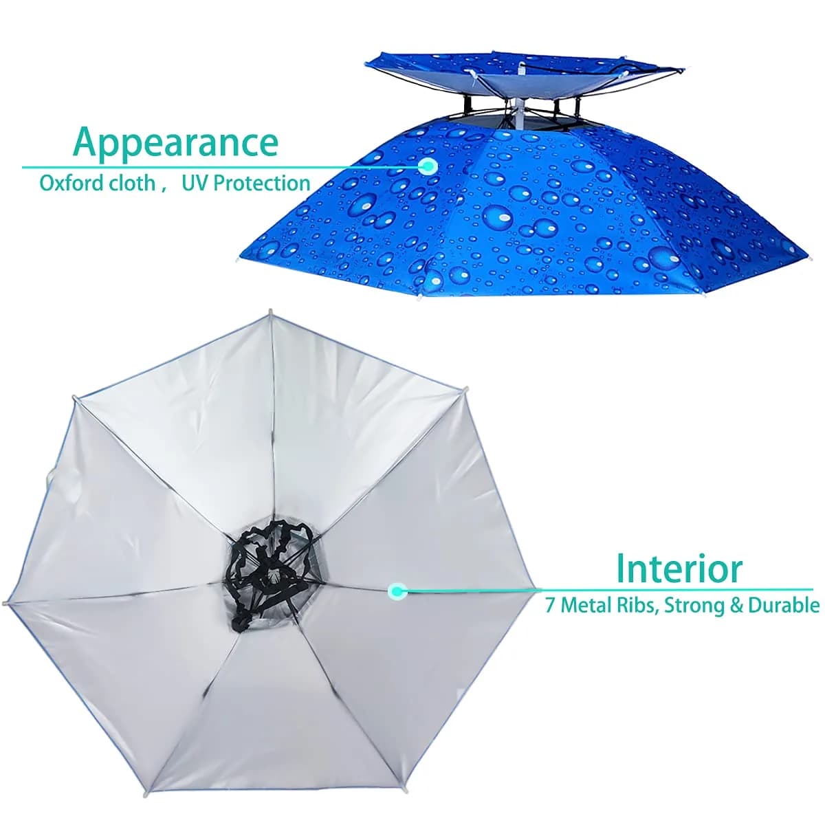 Bocampty Water Drop Blue/Double Layer Umbrella Hat: Hands-Free UV Protection for Outdoors - view 2