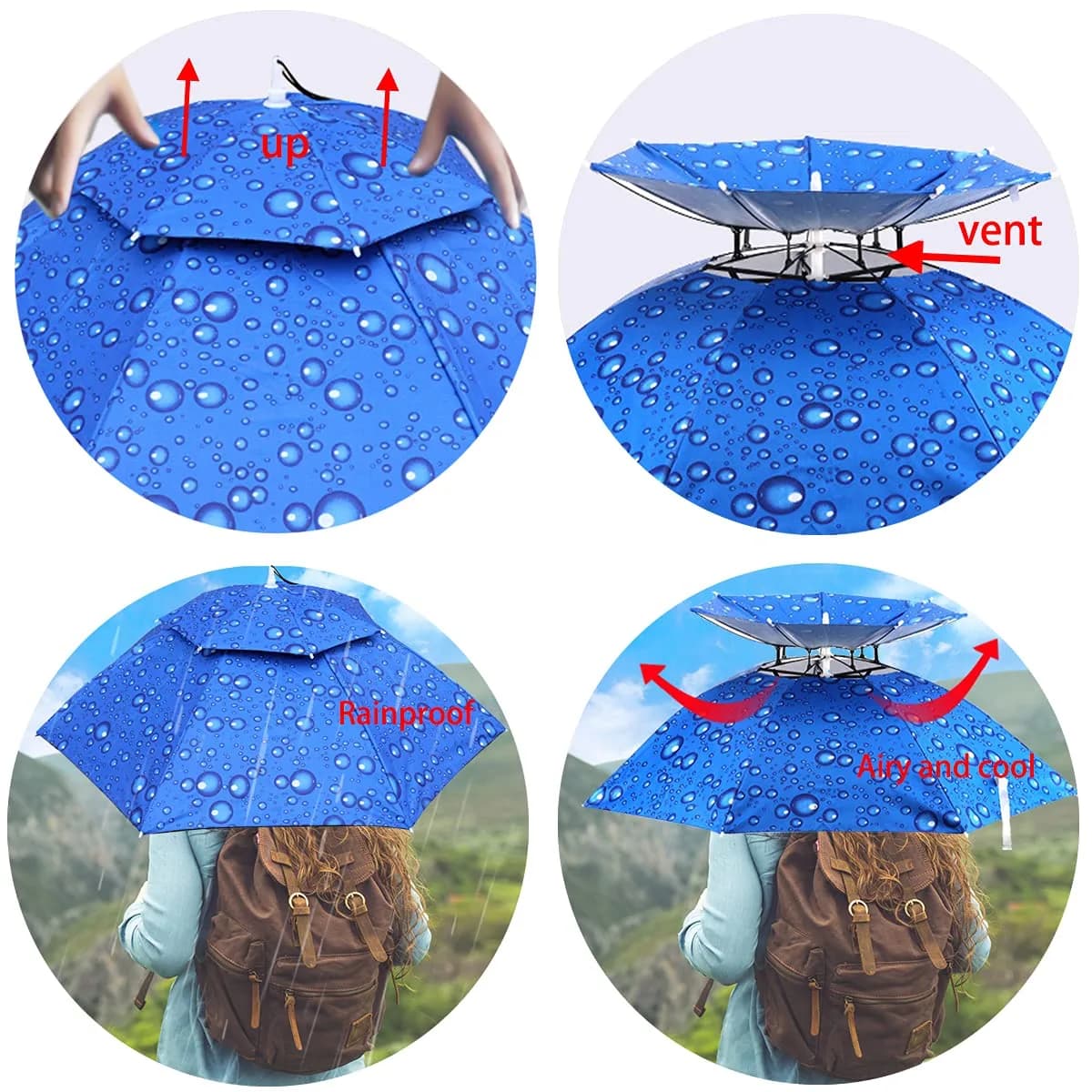 Bocampty Water Drop Blue/Double Layer Umbrella Hat: Hands-Free UV Protection for Outdoors - view 3