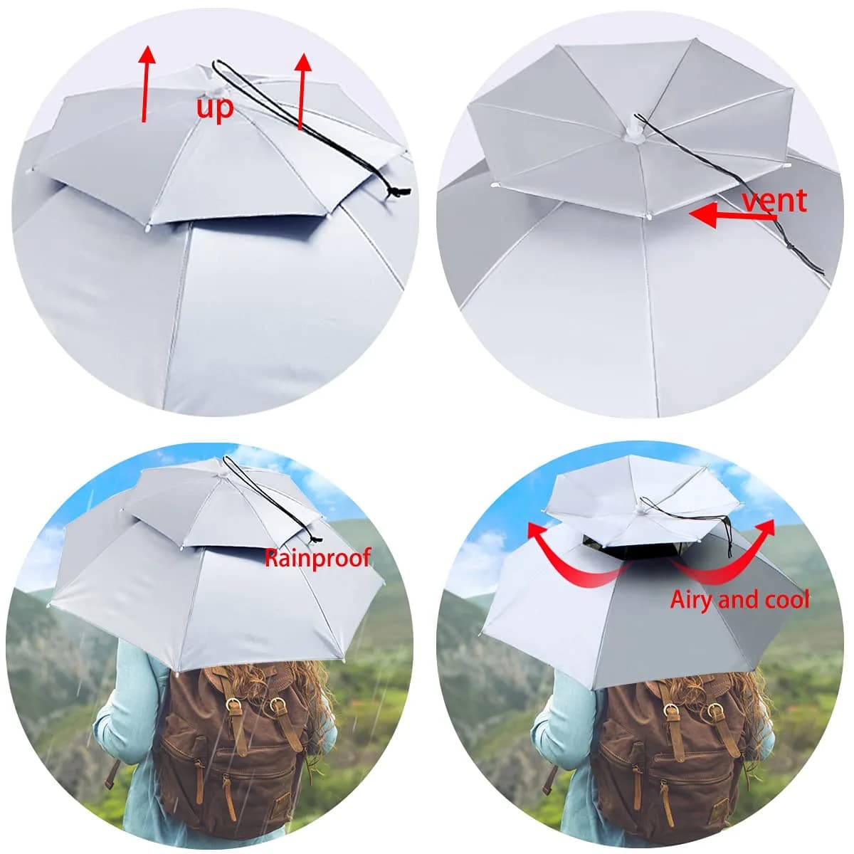 Bocampty Silver/Double Layer Umbrella Hat: Hands-Free UV Protection for Fishing & Outdoors - view 3