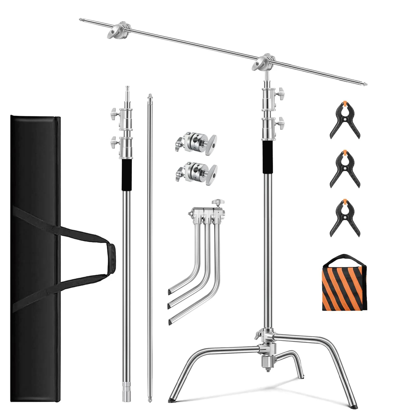 soonpho Heavy Duty C Stand 10.8ft/330cm with Boom Arm | Stainless Steel Photography Support