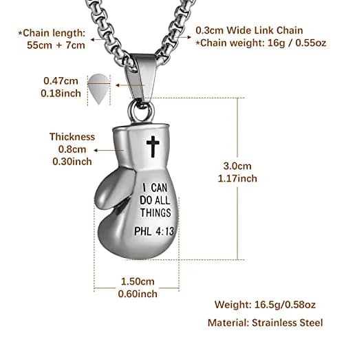 HZMAN Boxing Glove Bible Verse Pendant Necklace with Chain, 2.5cm Pendant, 22+2 Inch Chain thumbnail 6