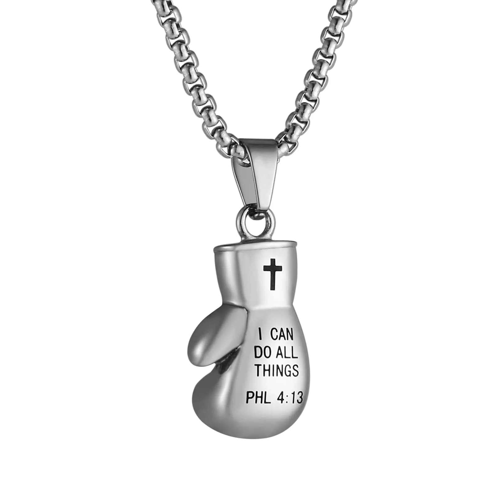 HZMAN Boxing Glove Bible Verse Pendant Stainless Steel Necklace with Chain | 2.5cm (1.0") Pendant — PHL4:13 silver