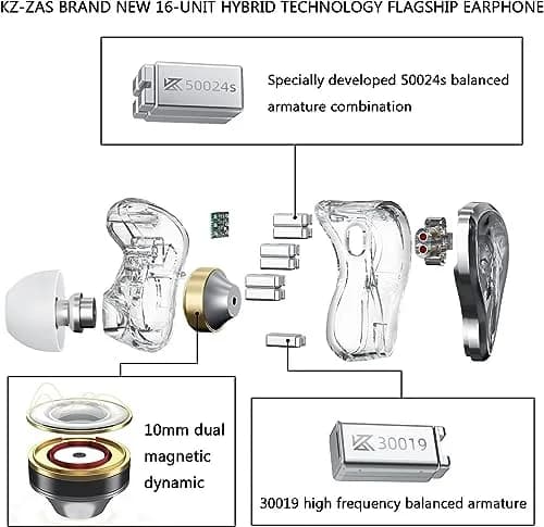 KZ ZAS 7BA+1DD Hybrid In-Ear Monitor Headphones with Mic, 1.7cm (0.67in) W x 2.2cm (0.87in) H x 2.1cm (0.83in) L | Wired 3.5mm Jack for Gaming & Music thumbnail 4