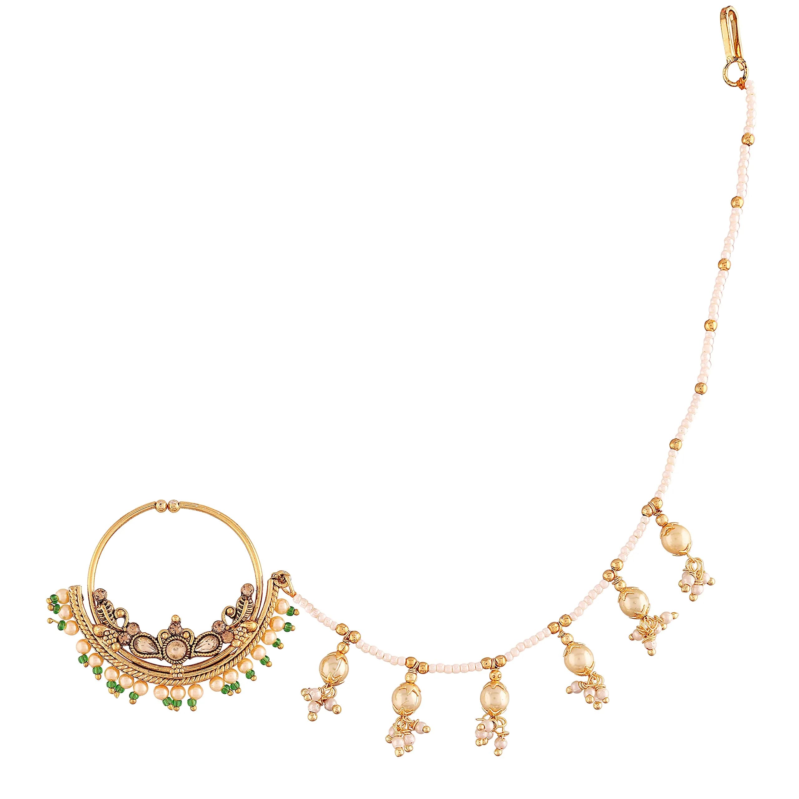 I Jewels Gold Plated Clip-On Nose Ring with Pearl Chain & Hook Closure - 4.5 cm Diameter | Traditional Indian Bridal Jewelry — Style2