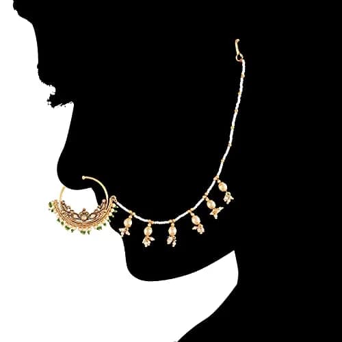 I Jewels Gold Plated Clip-On Nose Ring with Pearl Chain & Hook Closure - 4.5 cm Diameter | Traditional Indian Bridal Jewelry thumbnail 4