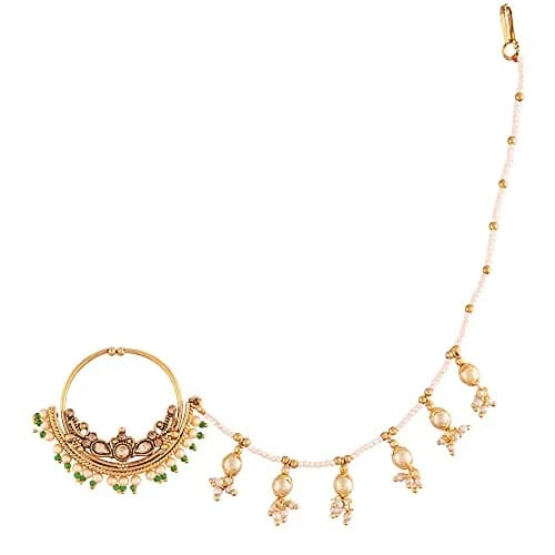 I Jewels Gold Plated Clip-On Nose Ring with Pearl Chain & Hook Closure - 4.5 cm Diameter | Traditional Indian Bridal Jewelry thumbnail 1