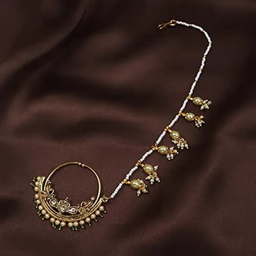 I Jewels Gold Plated Clip-On Nose Ring with Pearl Chain & Hook Closure - 4.5 cm Diameter | Traditional Indian Bridal Jewelry thumbnail 2