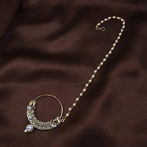 I Jewels Bollywood No Piercing Ethnic Party Wear Nose Ring with Chain for Women (Style6) | White Gold Stone thumbnail 2