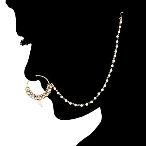 I Jewels Bollywood No Piercing Ethnic Party Wear Nose Ring with Chain for Women (Style6) | White Gold Stone thumbnail 3
