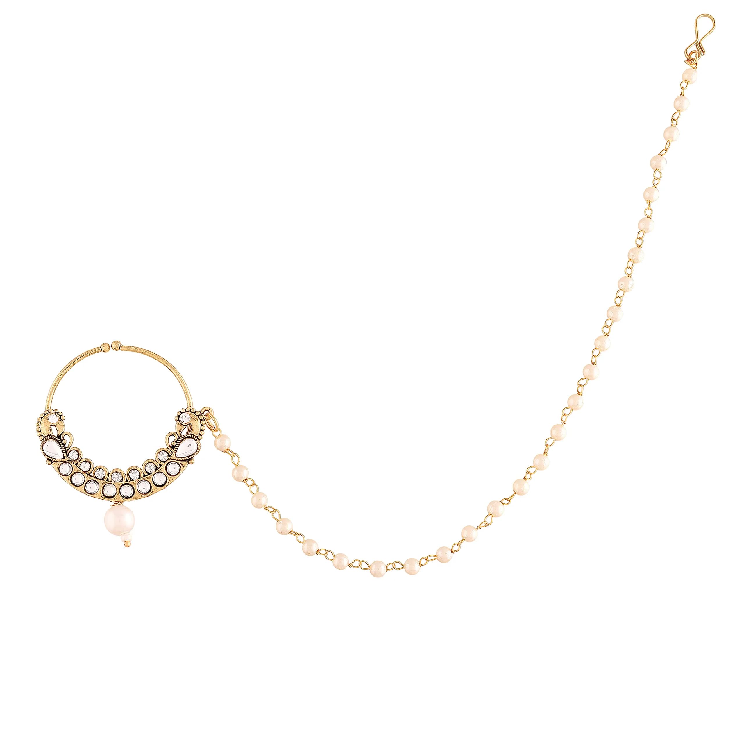 I Jewels Bollywood No Piercing Ethnic Party Wear Nose Ring with Chain for Women (Style6) | White Gold Stone - main product image