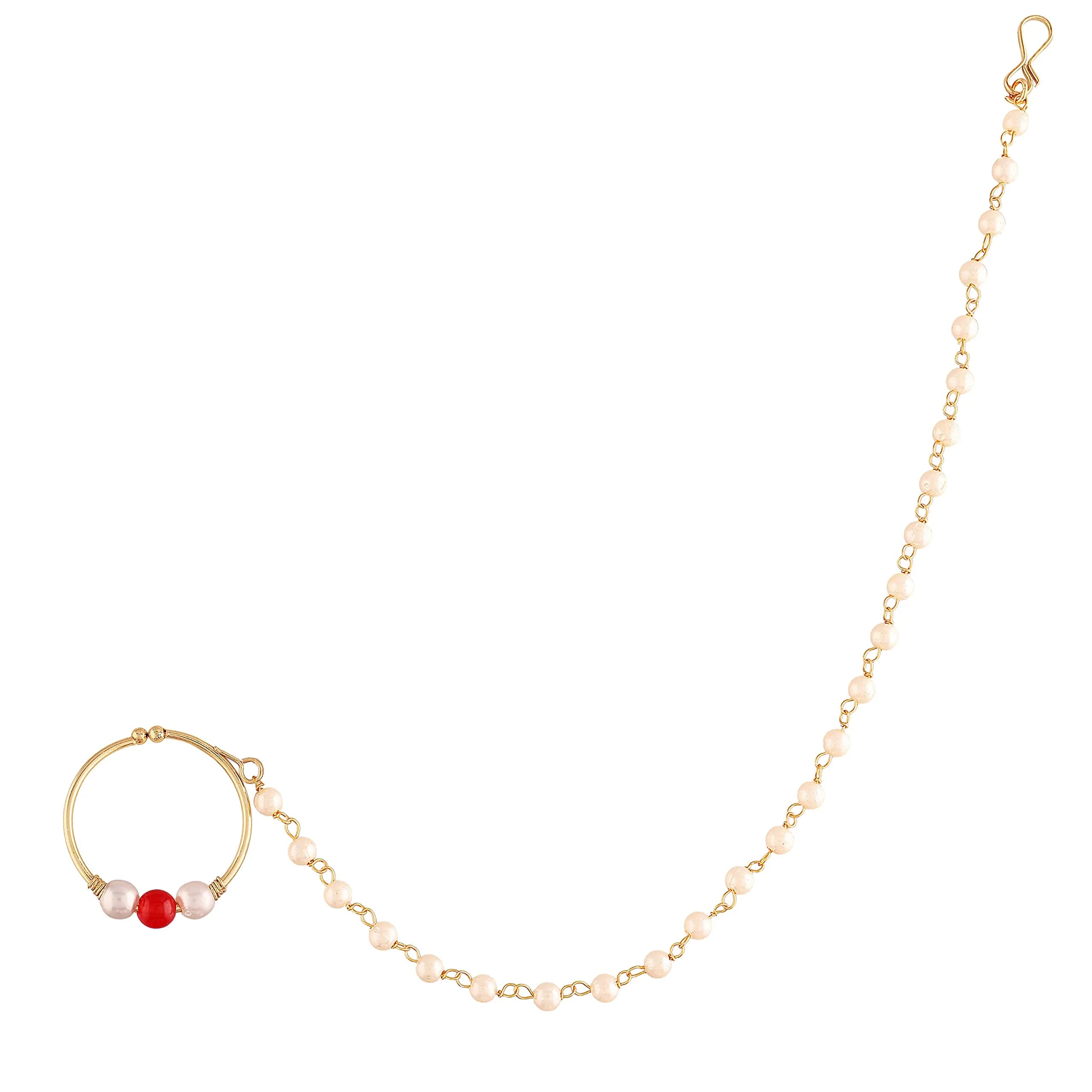 I Jewels Gold Plated Clip-On Nose Ring with Pearl Chain & Hook Closure, 19 cm Chain | Traditional Indian Bridal Jewelry — Red