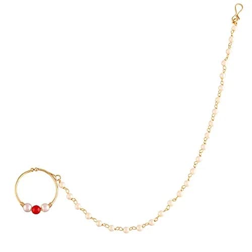 I Jewels Gold Plated Clip-On Nose Ring with Pearl Chain & Hook Closure, 19 cm Chain | Traditional Indian Bridal Jewelry thumbnail 1