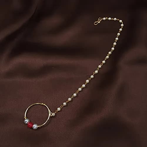 I Jewels Gold Plated Clip-On Nose Ring with Pearl Chain & Hook Closure, 19 cm Chain | Traditional Indian Bridal Jewelry thumbnail 2