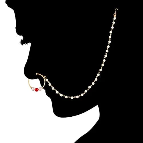 I Jewels Gold Plated Clip-On Nose Ring with Pearl Chain & Hook Closure, 19 cm Chain | Traditional Indian Bridal Jewelry thumbnail 3