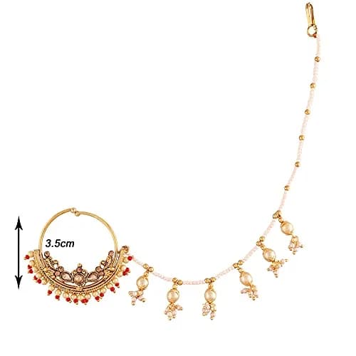 I Jewels 18k Gold Plated Clip-On Nose Ring with Pearl Chain & Hook Closure, 4.5 cm Outer Diameter | Traditional Indian Bridal Jewelry thumbnail 4