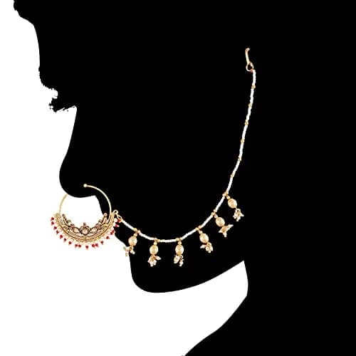 I Jewels 18k Gold Plated Clip-On Nose Ring with Pearl Chain & Hook Closure, 4.5 cm Outer Diameter | Traditional Indian Bridal Jewelry thumbnail 5