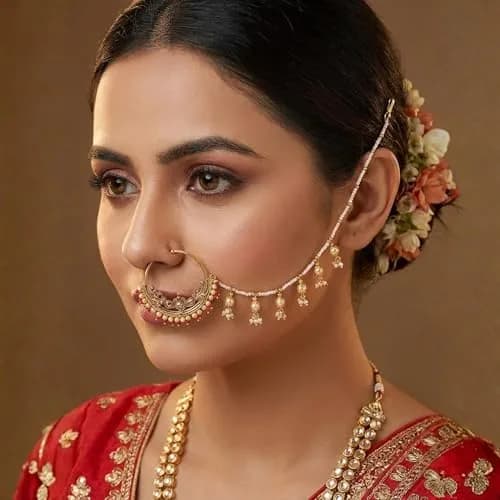 I Jewels 18k Gold Plated Clip-On Nose Ring with Pearl Chain & Hook Closure, 4.5 cm Outer Diameter | Traditional Indian Bridal Jewelry thumbnail 2