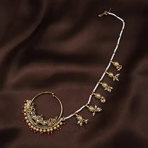 I Jewels 18k Gold Plated Clip-On Nose Ring with Pearl Chain & Hook Closure, 4.5 cm Outer Diameter | Traditional Indian Bridal Jewelry thumbnail 3