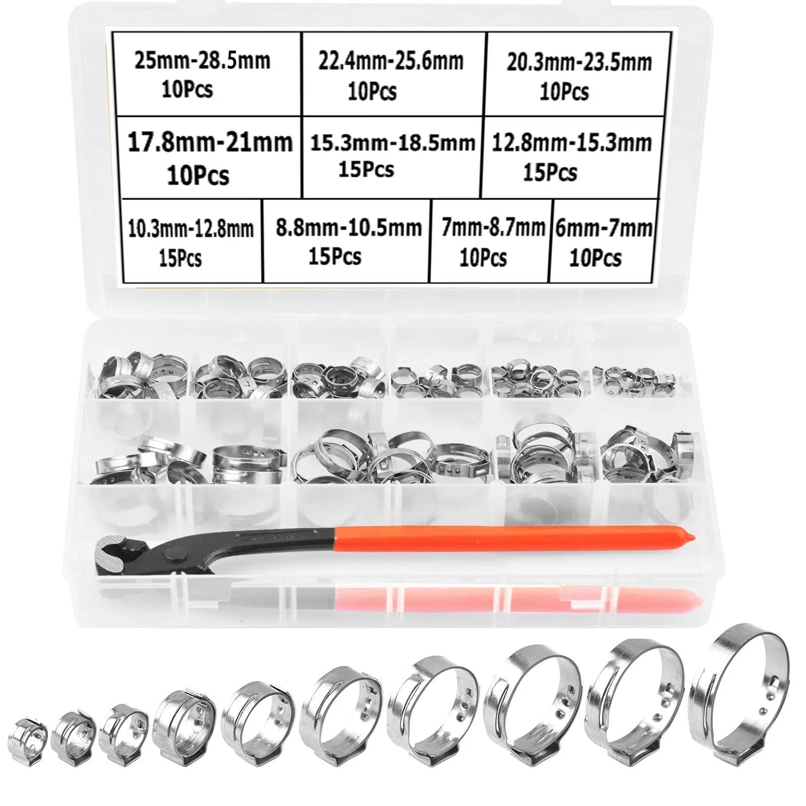 Alfykym Single Ear Hose Clamps Assortment Kit 6mm-28.5mm (131 Pcs) | Stainless Steel Cinch Rings with Pincer