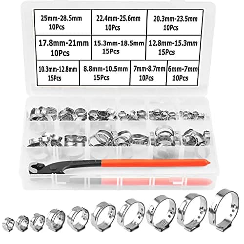 Alfykym Single Ear Hose Clamps Assortment Kit 6mm-28.5mm (131 Pcs) | Stainless Steel Cinch Rings with Pincer thumbnail 1