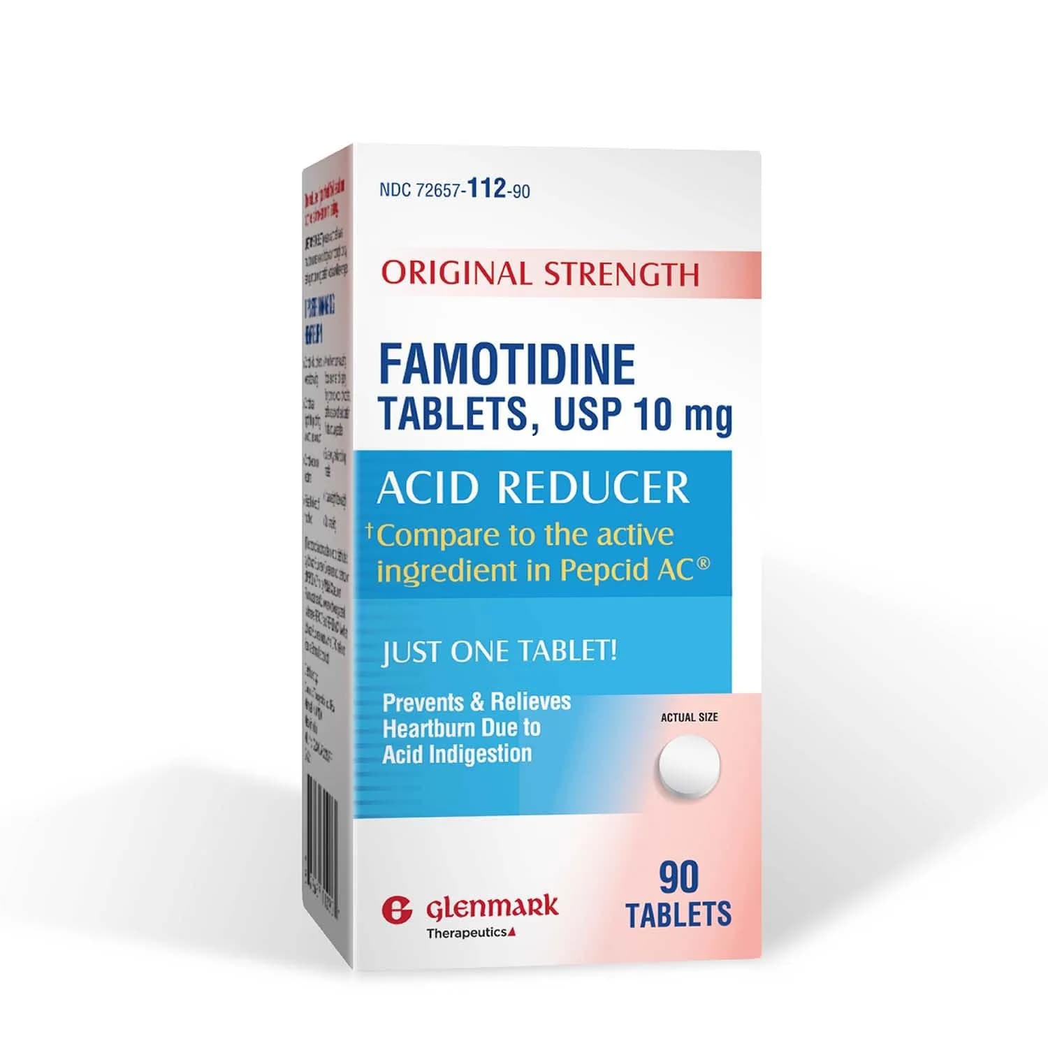Glenmark Therapeutics Famotidine Tablets 10 mg | Acid Reducer for Heartburn Relief, 90 Count — White