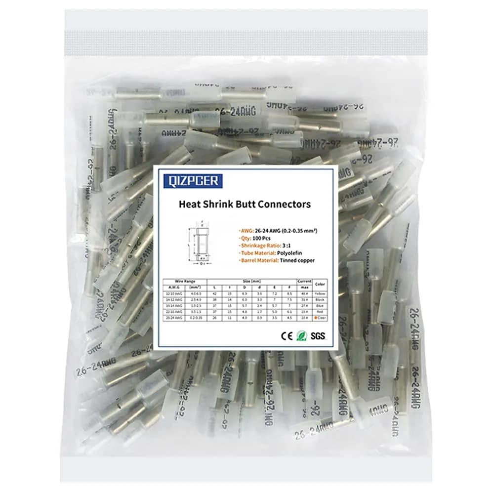 Qizpcer Clear Heat Shrink Butt Connectors 100 Pcs (26-24 AWG) | Waterproof Marine Grade Electrical Splice — 26-24 AWG