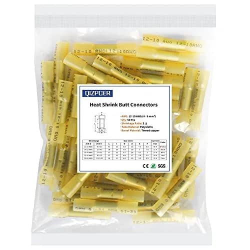 Qizpcer Yellow Heat Shrink Butt Connectors 12-10 AWG (50 Pcs) | Waterproof Crimp Terminals for Marine & Electrical thumbnail 1