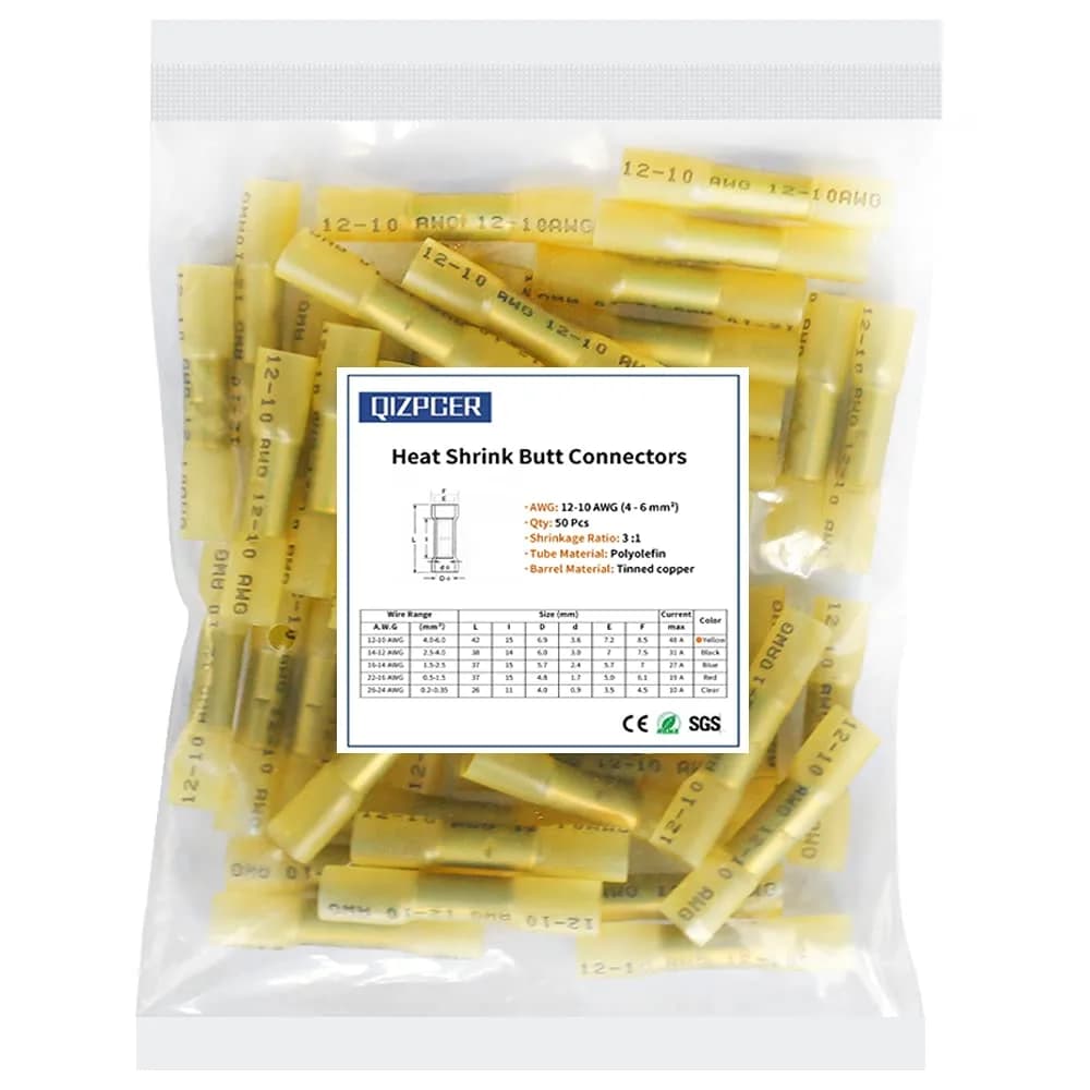 Qizpcer Yellow Heat Shrink Butt Connectors 12-10 AWG (50 Pcs) | Waterproof Crimp Terminals for Marine & Electrical — 12-10 AWG