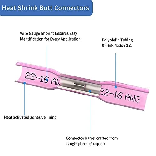 Qizpcer Red Heat Shrink Butt Connectors 22-16 AWG (100 Pcs) | Waterproof Marine Grade Crimp Wire Splices thumbnail 3