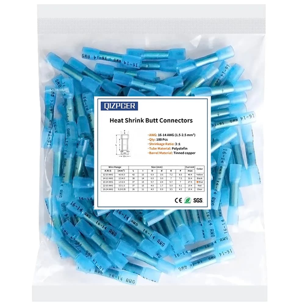 Qizpcer Blue Heat Shrink Butt Connectors 100 Pcs | 16-14 AWG Waterproof Electrical Crimp Wire Splice for Marine, Cable, Wiring