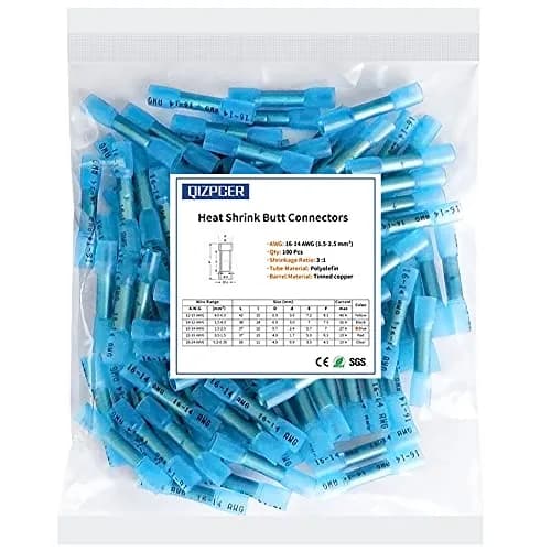 Qizpcer Blue Heat Shrink Butt Connectors 100 Pcs | 16-14 AWG Waterproof Electrical Crimp Wire Splice for Marine, Cable, Wiring - main product image