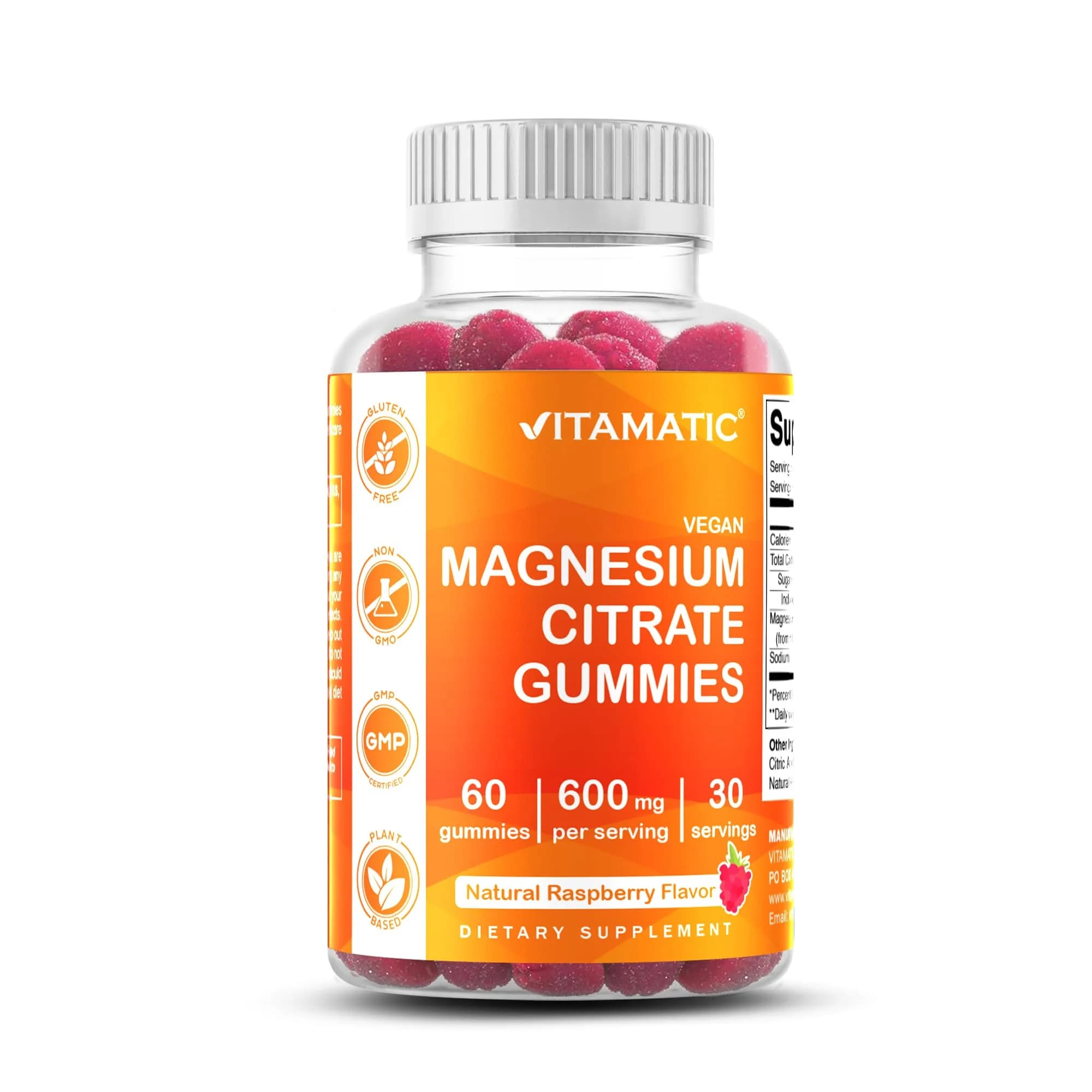 Vitamatic Magnesium Citrate Gummies 600 mg | Vegan Raspberry Flavor | 60 Gummies — No Color