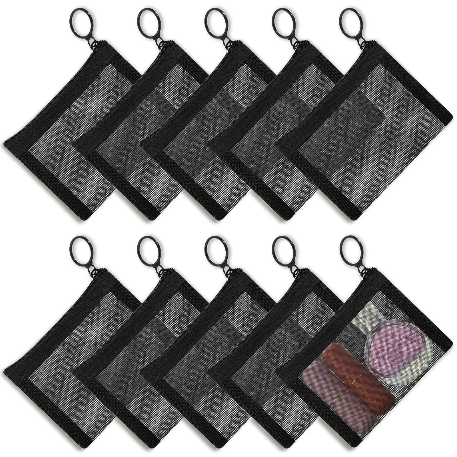 Frienda 10 Pcs Small Mesh Bags with Zipper, 12.7cm x 10.16cm (5" x 4") | Reusable Nylon Cosmetic Pouch with Keychain — Black