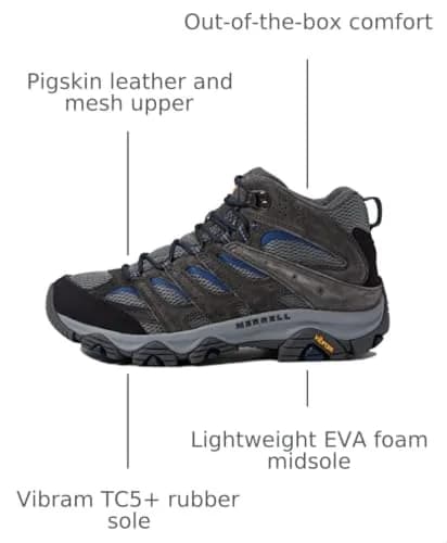 Merrell Men’s Moab 3 Mid Hiking Boot, Granite, 7 Wide | All-Day Comfort & Durability for Indian Trails thumbnail 3
