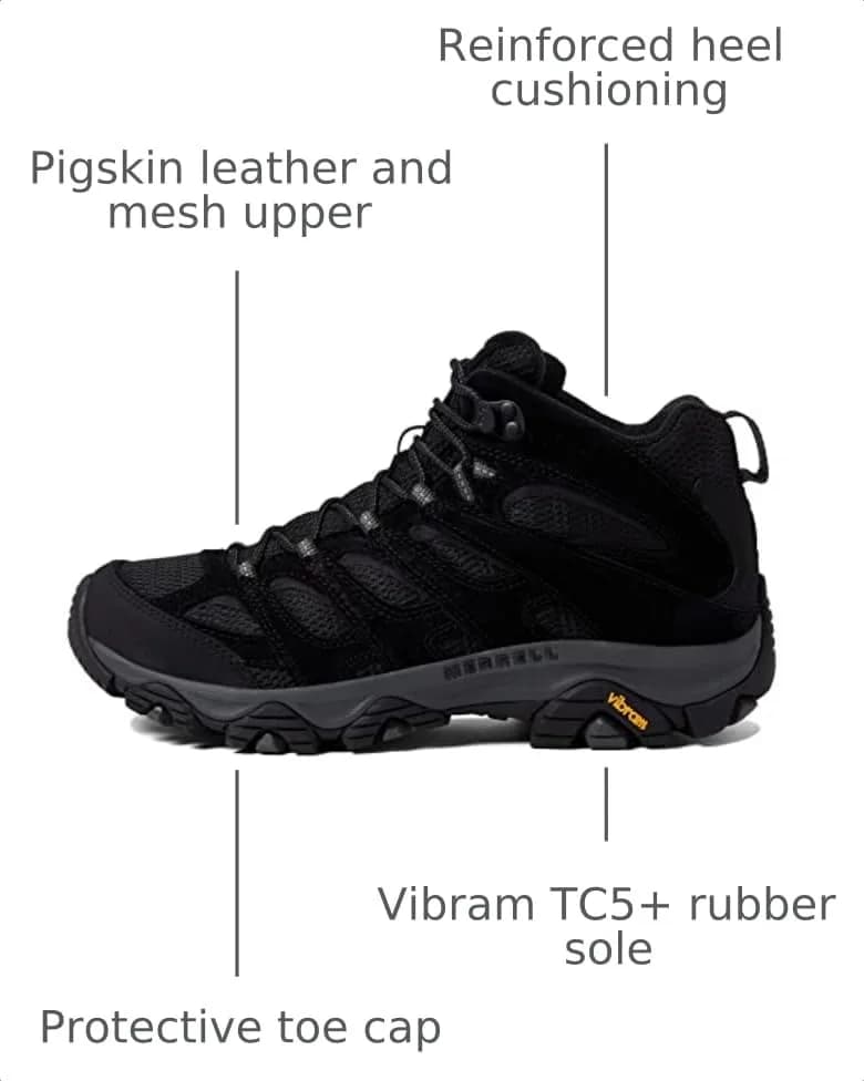 Merrell Men’s Moab 3 Mid Hiking Boot, Black Night, 10 Wide | Out-of-the-Box Comfort & Durability thumbnail 3