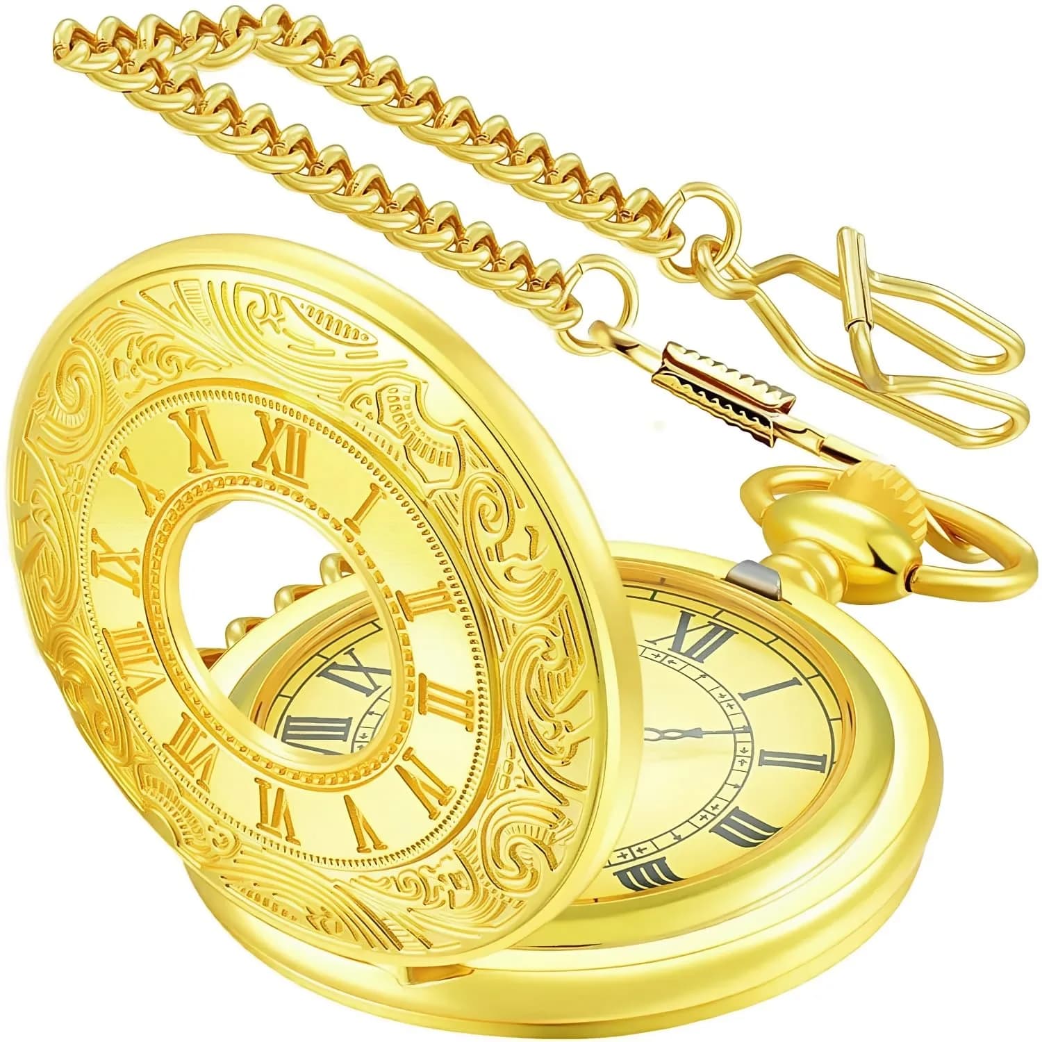 LYMFHCH Vintage Pocket Watch with Chain, 4.6cm Case | Classic Roman Numerals Quartz Wristwatch for Gifts — Gold