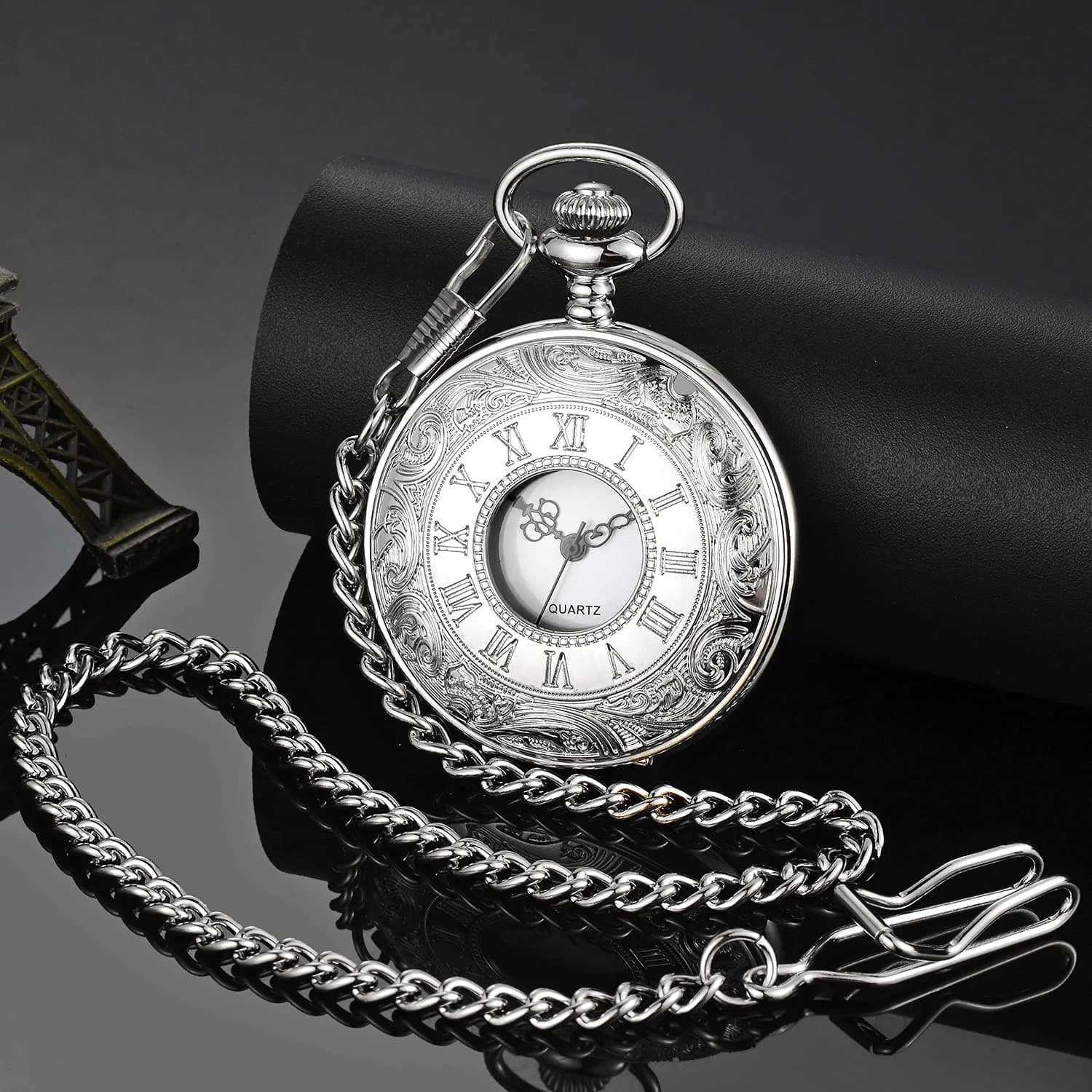 LYMFHCH Silver Vintage Pocket Watch with Chain | Classic Roman Numerals Quartz Wristwatch for Gifts - view 2