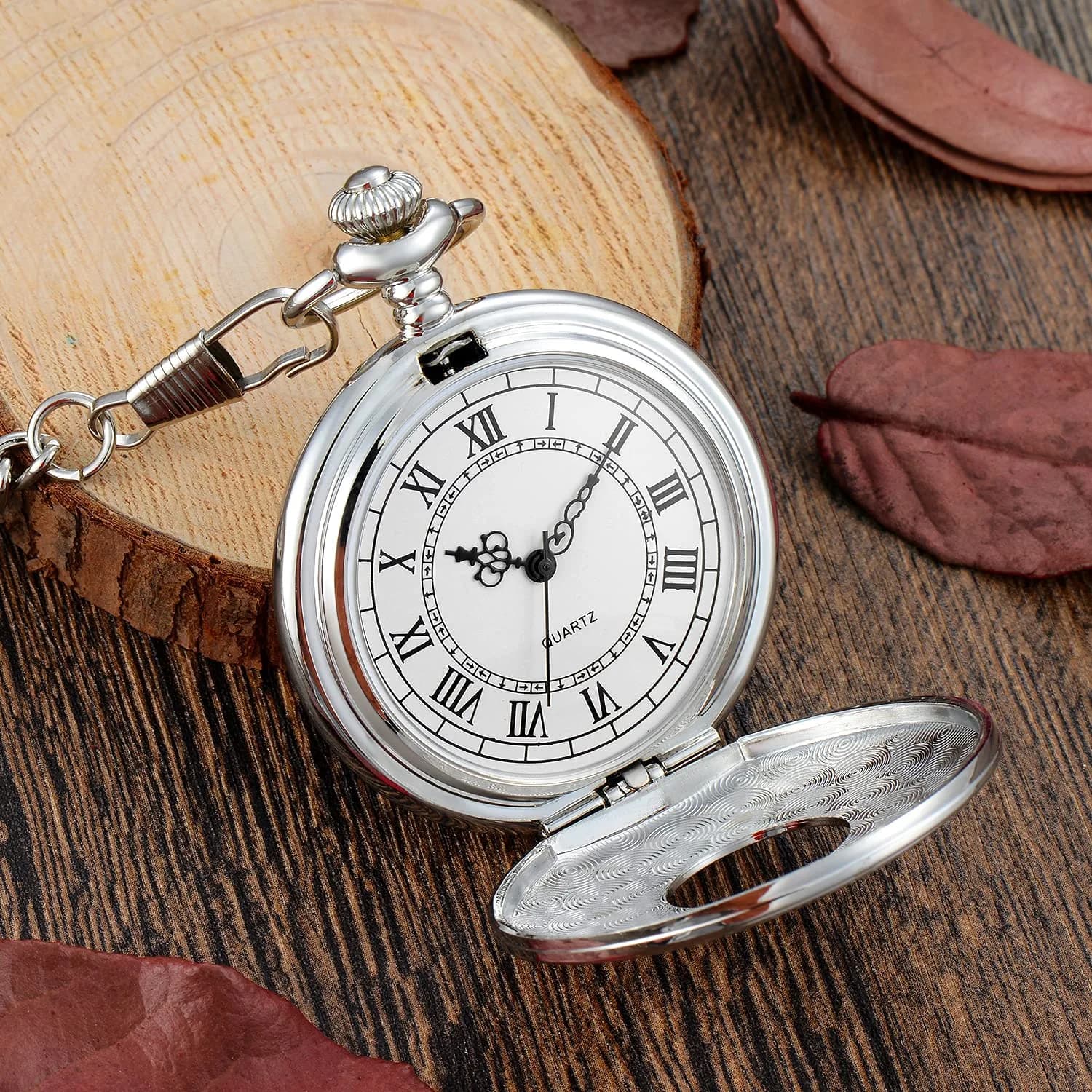 LYMFHCH Silver Vintage Pocket Watch with Chain | Classic Roman Numerals Quartz Wristwatch for Gifts - view 3