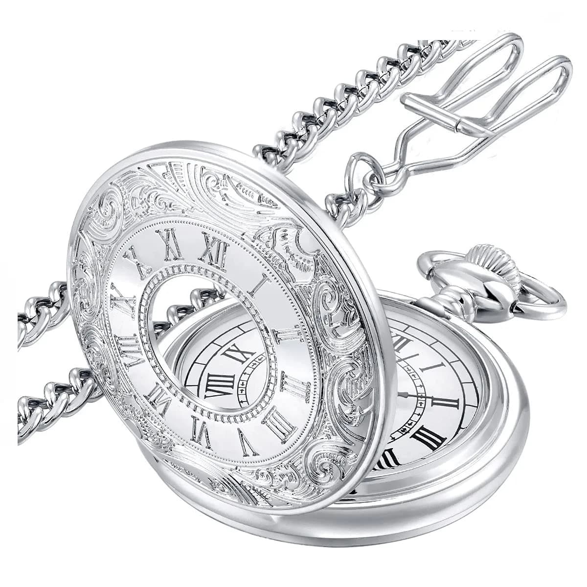 LYMFHCH Vintage Pocket Watch with Chain, 4.6cm Case | Classic Roman Numerals Quartz Wristwatch for Gifts — Silver