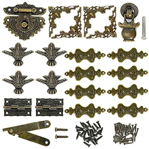 QINIZX Retro Jewelry Box Hardware Set with Hasp Latch, Hinges, and Corner Protectors (Vintage Bronze) thumbnail 1