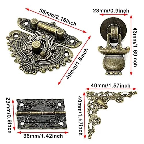 QINIZX Retro Jewelry Box Hardware Set with Hasp Latch, Hinges, and Corner Protectors (Vintage Bronze) thumbnail 2