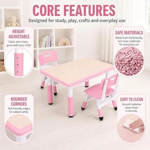 UNICOO Kids Table and Chairs Set, Height Adjustable, Plastic Study Desk for Ages 2-10 | Durable & Easy to Clean thumbnail 6
